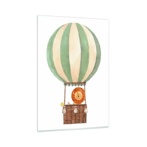 Cuadro sobre vidrio - Impresiones sobre Vidrio - Un globo con un león sonriente en una canasta de color pastel. - 80x120cm - Los viajes del león - Decoración de pared moderna para salón y dormitorio ARTTOR