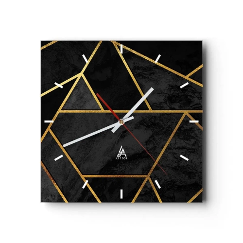 Reloj de pared - Reloj de vidrio - Patrón geométrico dorado sobre fondo negro - 30x30cm - Oscuridad y brillo - Decoración de pared moderna para salón y dormitorio ARTTOR
