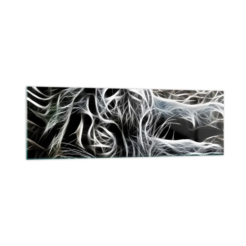 Cuadro sobre vidrio - Impresiones sobre Vidrio - Un patrón abstracto que representa la silueta de un gato sobre un fondo negro. - 160x50cm - Un estudio sobre la ligereza felina - Decoración de pared moderna para salón y dormitorio ARTTOR