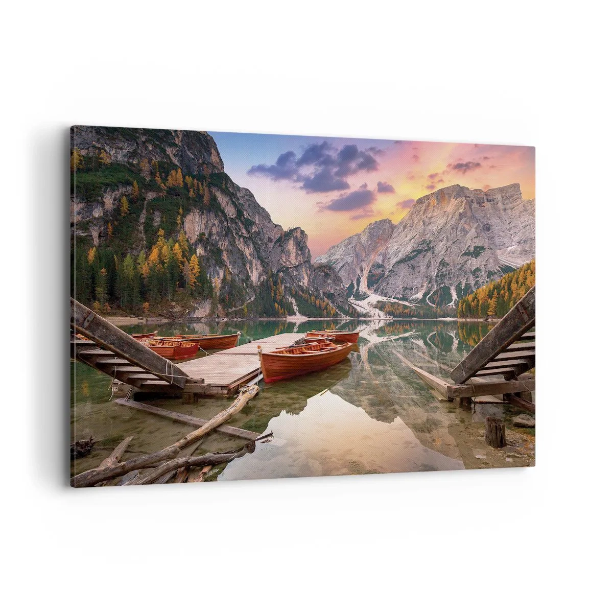 Cuadro sobre lienzo - Impresión de Imagen - Lago de montaña con barcos al atardecer - 100x70cm - Espejo entre montañas - Decoración de pared moderna para salón y dormitorio ARTTOR