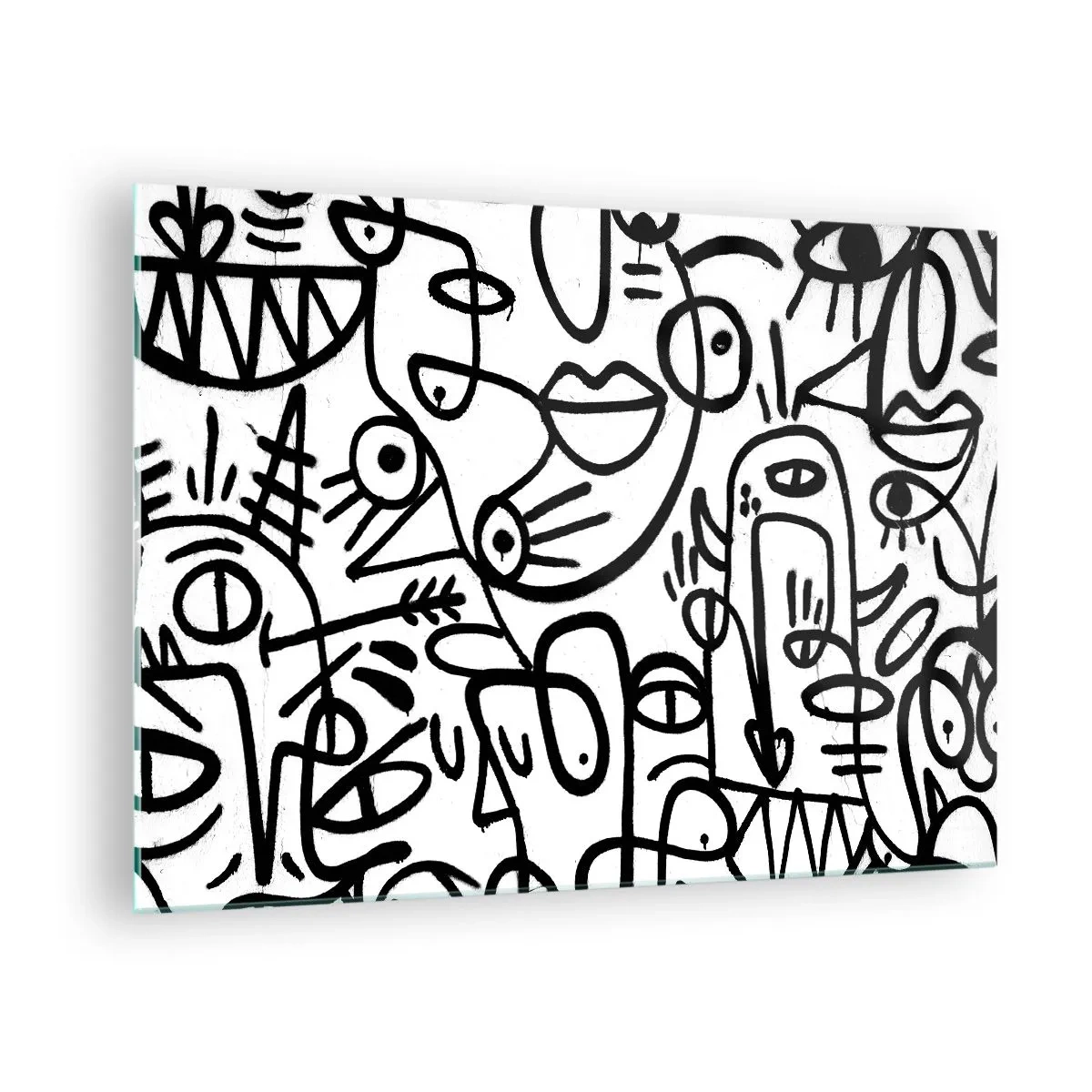 Cuadro sobre vidrio - Impresiones sobre Vidrio - Abstracción en blanco y negro con ojos, caras y líneas. - 70x50cm - Rostros y espejismos - Decoración de pared moderna para salón y dormitorio ARTTOR