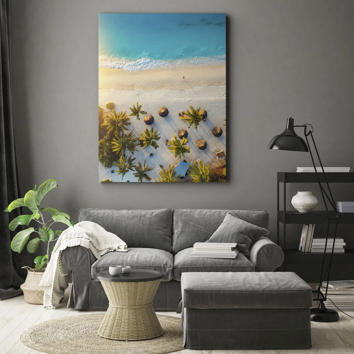 Cuadro sobre lienzo - Impresión de Imagen - Vista de una playa tropical con palmeras y un mar turquesa. - 80x120cm - Bienvenidos al paraíso - Decoración de pared moderna para salón y dormitorio ARTTOR