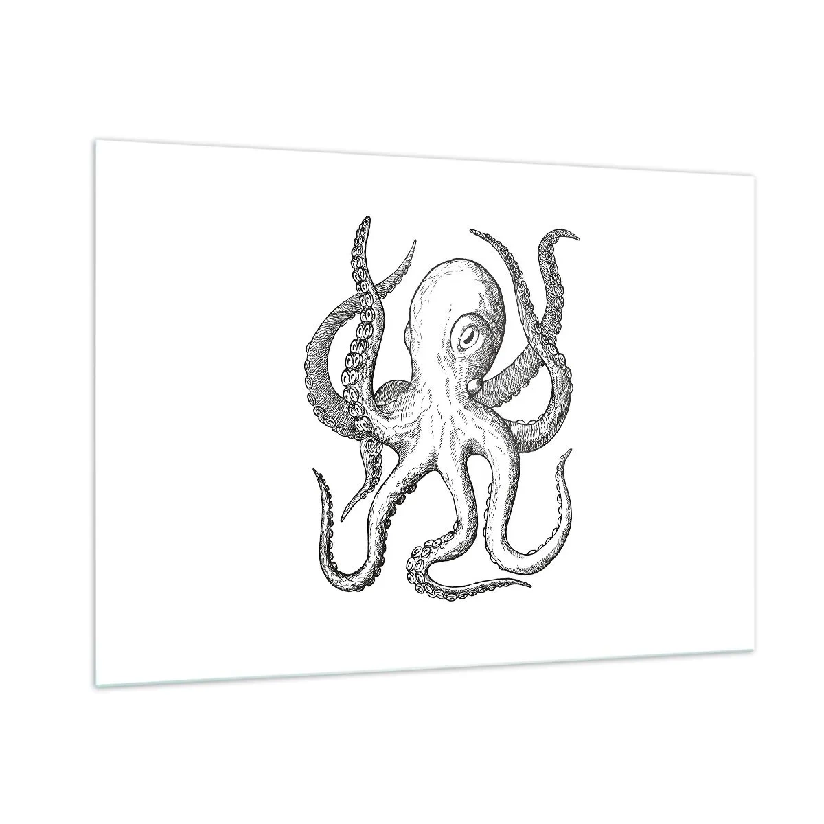 Cuadro sobre vidrio - Impresiones sobre Vidrio - Dibujo en blanco y negro de un pulpo sobre un fondo blanco. - 100x70cm - Bailando con olas - Decoración de pared moderna para salón y dormitorio ARTTOR