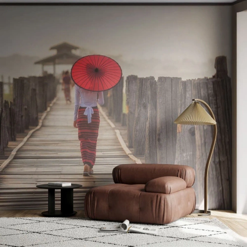 Fotomural personalizado Premium Sand - En un viejo puente - Paraguas, Birmania, Puente de madera