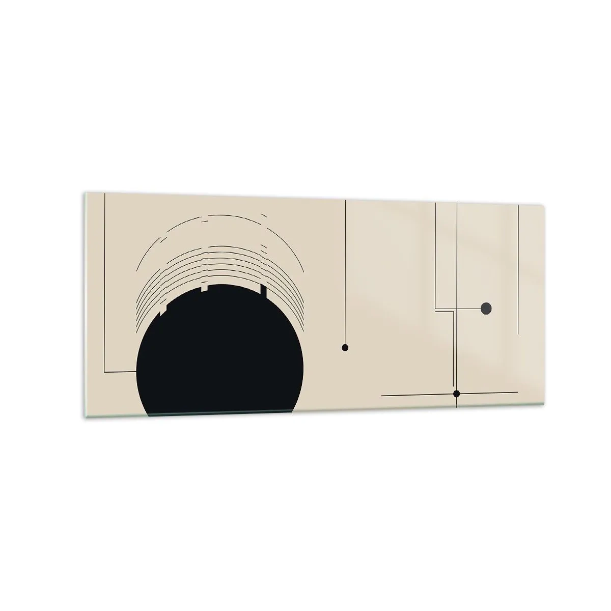 Cuadro sobre vidrio - Impresiones sobre Vidrio - Líneas geométricas negras y un círculo sobre un fondo beige. - 120x50cm - Composición elástica y dinámica - Decoración de pared moderna para salón y dormitorio ARTTOR