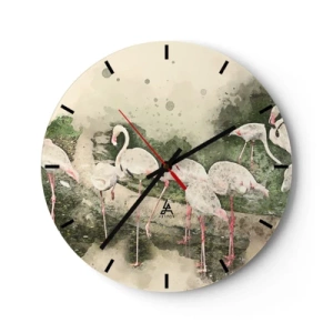 Reloj de pared - Reloj de vidrio - Una bandada de flamencos en un entorno tropical tranquilo. - 30x30cm - Un sueño exótico - Decoración de pared moderna para salón, cocina y dormitorio ARTTOR
