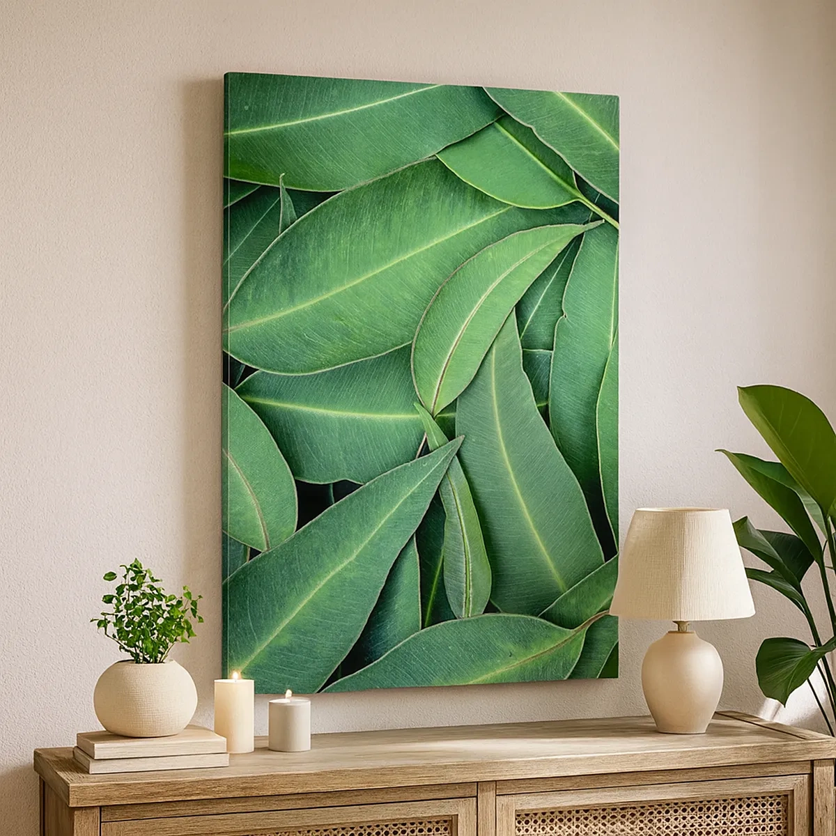 Cuadro sobre lienzo - Impresión de Imagen - Primer plano de hojas verdes que crean un patrón natural. - 50x70cm - Jugosidad y frescura - Decoración de pared moderna para salón y dormitorio ARTTOR