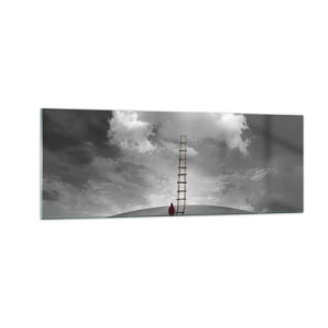 Cuadro sobre vidrio - Impresiones sobre Vidrio - Una persona con un abrigo rojo y una escalera que conduce a una nube. - 140x50cm - Todo es posible - Decoración de pared moderna para salón y dormitorio ARTTOR