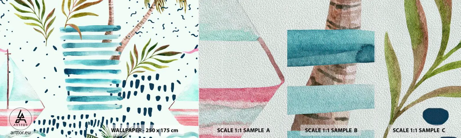 Muestra de fotomural Premium Sand - Vacaciones bajo las palmeras - acuarelas, Palmera de cocos, Velero - 100x30 cm