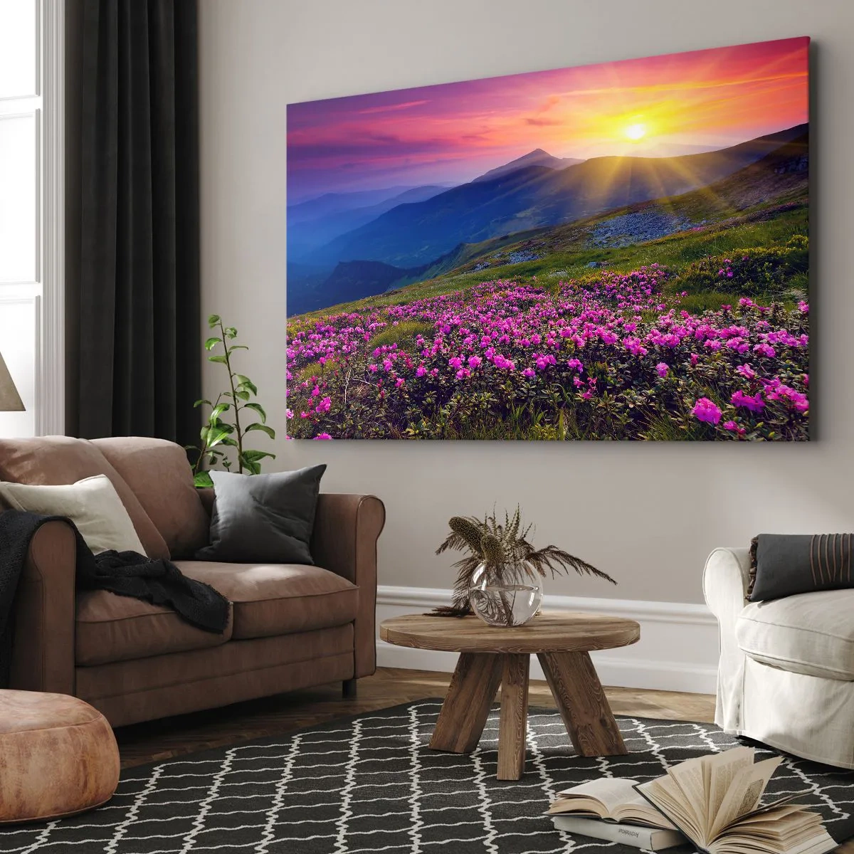 Cuadro sobre lienzo - Impresión de Imagen - Un prado florido con vistas a las montañas durante la puesta de sol. - 100x70cm - ... Y el aroma a hierbas está por todas partes - Decoración de pared moderna para salón y dormitorio ARTTOR