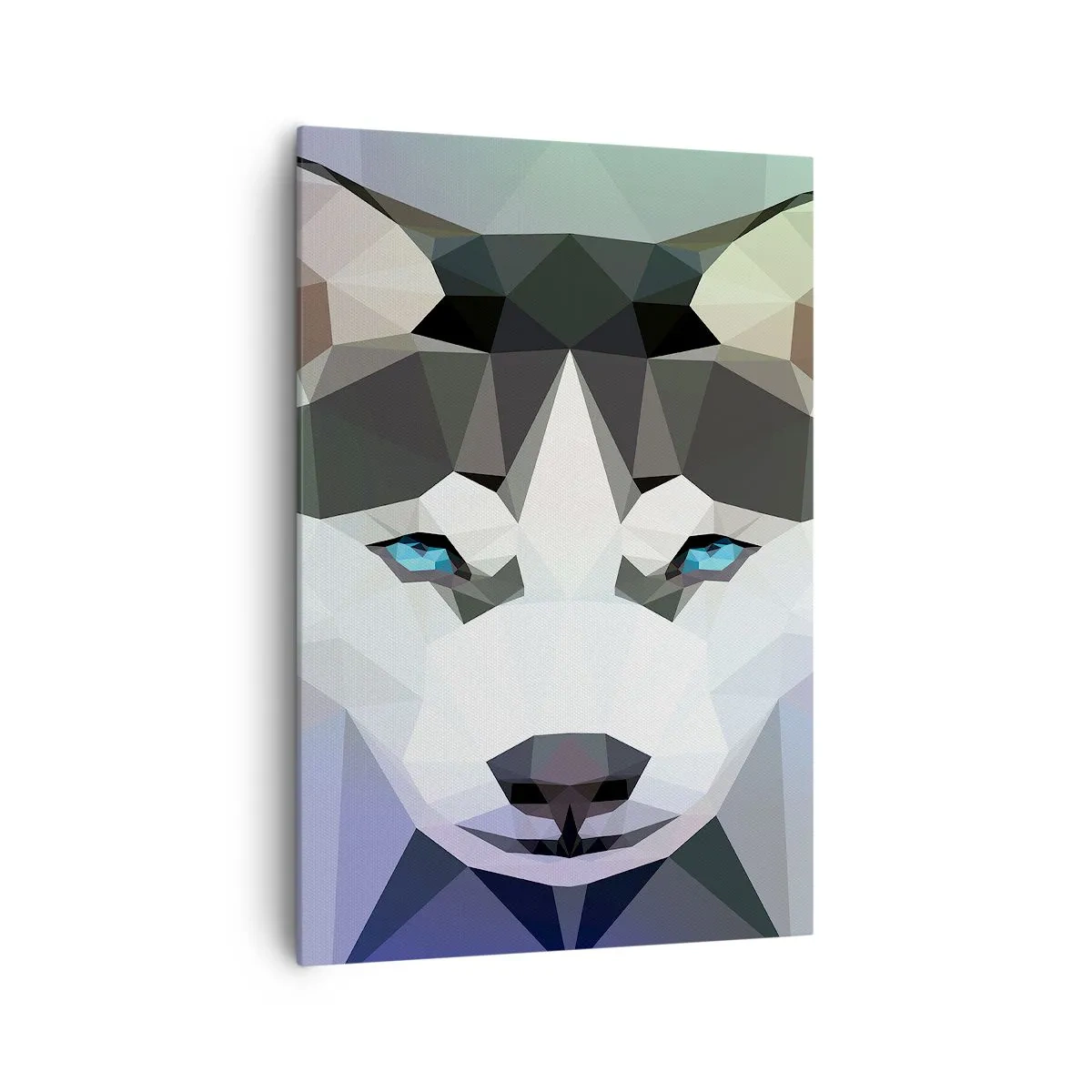 Cuadro sobre lienzo - Impresión de Imagen - Lobo geométrico con expresivos ojos azules. - 70x100cm - El recuerdo de las nieves del norte - Decoración de pared moderna para salón y dormitorio ARTTOR