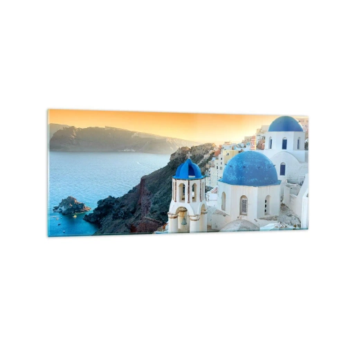 Cuadro sobre vidrio - Impresiones sobre Vidrio - Vista de Santorini con edificios blancos y mar azul. - 120x50cm - Santorini - el abrazo a las rocas - Decoración de pared moderna para salón y dormitorio ARTTOR