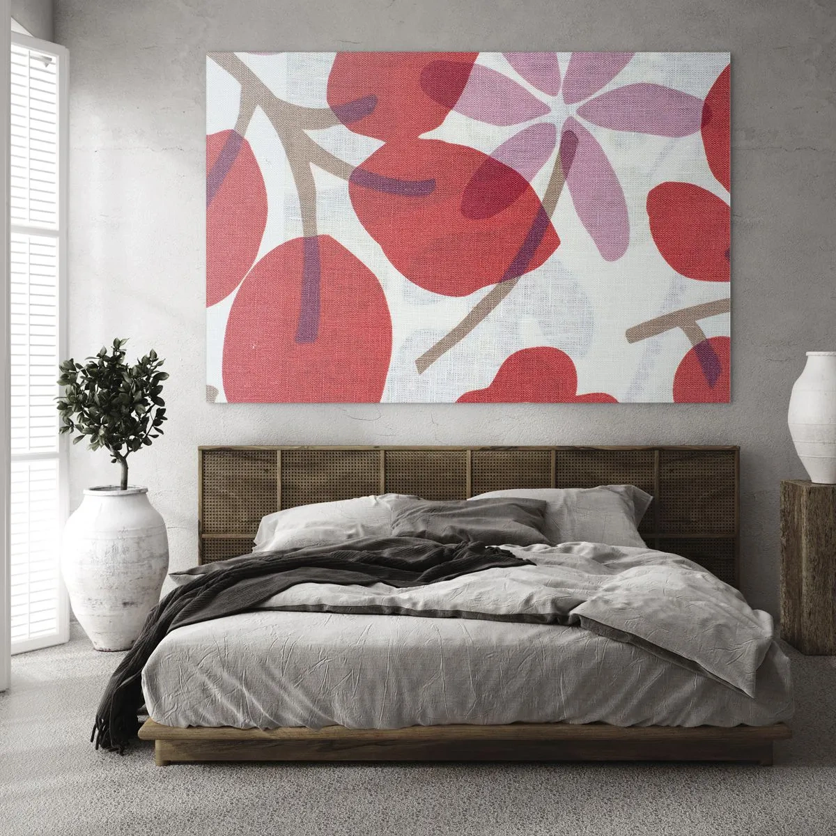 Cuadro sobre vidrio - Impresiones sobre Vidrio - Hojas y flores rosas y rojas sobre un fondo claro. - 70x50cm - Composición floral en rosa - Decoración de pared moderna para salón y dormitorio ARTTOR