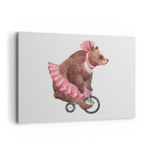 Cuadro sobre lienzo - Impresión de Imagen - Un osito de peluche con una falda rosa en una bicicleta de estilo retro. - 100x70cm - ¡Qué circo! - Decoración de pared moderna para salón y dormitorio ARTTOR