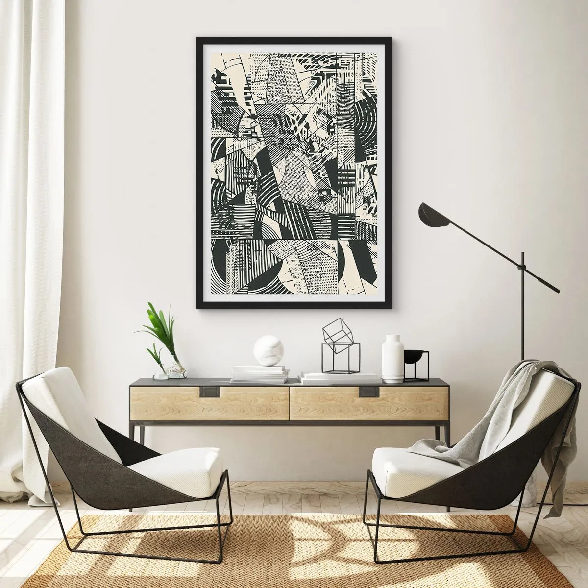Póster en marco negro - Patrones geométricos abstractos en blanco y negro - 50x70cm - La dinámica del presente - Decoración de pared moderna para salón y dormitorio ARTTOR