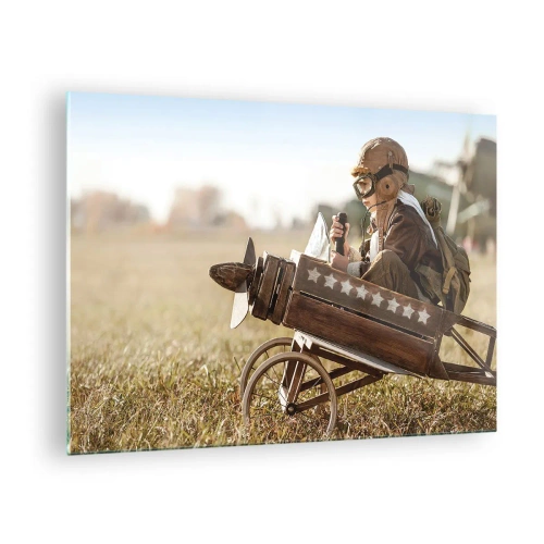 Cuadro sobre vidrio - Impresiones sobre Vidrio - Un niño en un avión de madera, pretendiendo ser piloto, vistiendo ropa de aviador. - 70x50cm - Despegue hacia un sueño - Decoración de pared moderna para salón y dormitorio ARTTOR