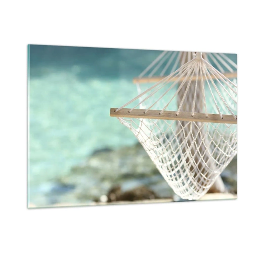 Cuadro sobre vidrio - Impresiones sobre Vidrio - Una hamaca con vistas a las cristalinas aguas turquesas. - 120x80cm - Momento de relax - Decoración de pared moderna para salón y dormitorio ARTTOR