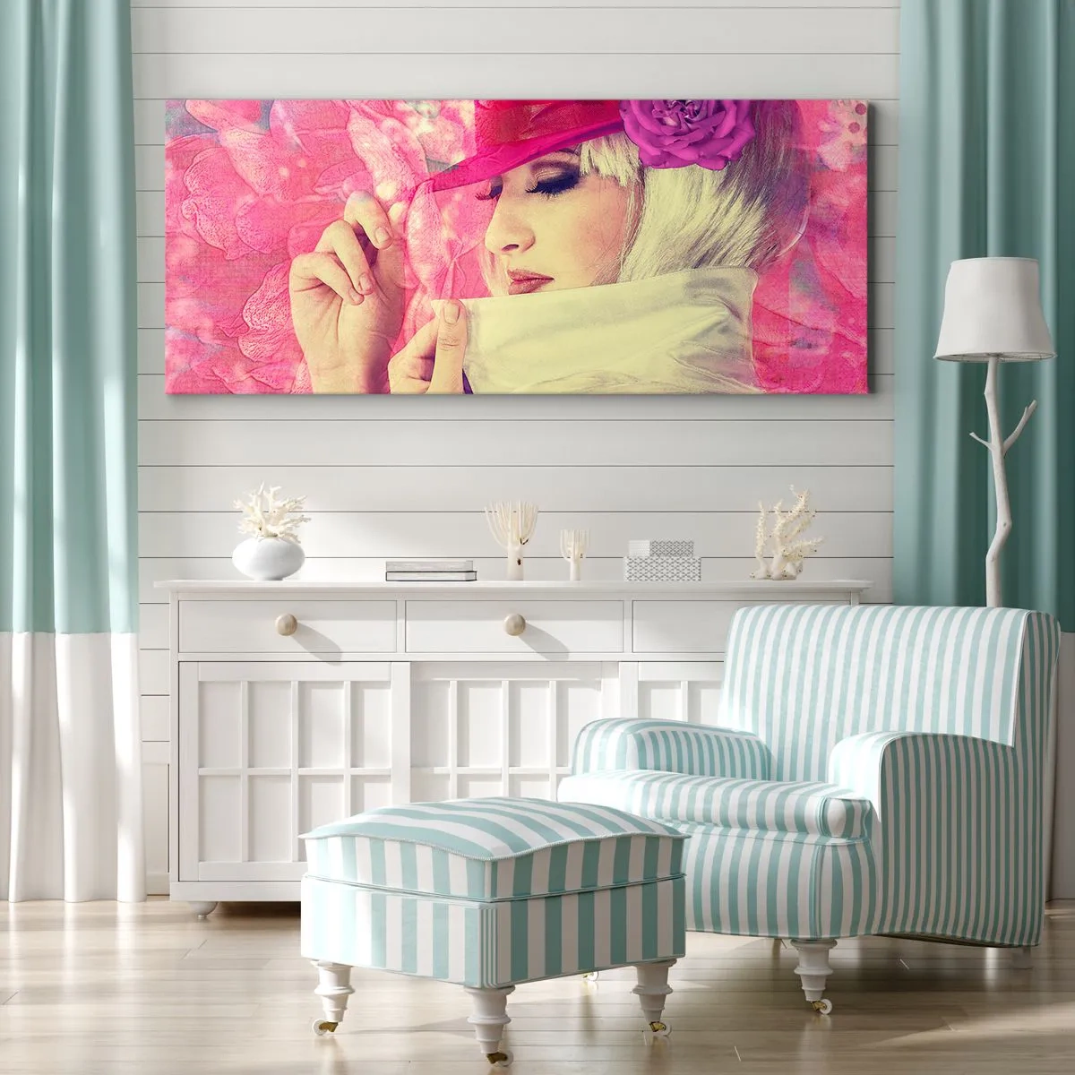 Cuadro sobre lienzo - Impresión de Imagen - Retrato retro en rosa - 100x40 cm