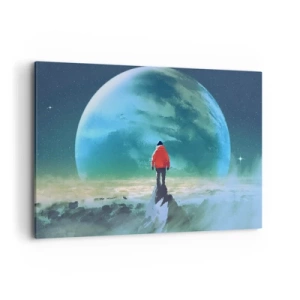 Cuadro sobre lienzo - Impresión de Imagen - Un hombre con una chaqueta roja de pie frente a un gran planeta con estrellas en el fondo. - 100x70cm - Descubridor de una nueva Tierra - Decoración de pared moderna para salón y dormitorio ARTTOR