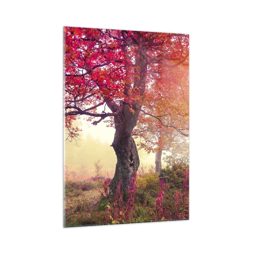 Cuadro sobre vidrio - Impresiones sobre Vidrio - Bosque otoñal con rayos de sol por la mañana. - 50x70cm - Un frenesí de floración - Decoración de pared moderna para salón y dormitorio ARTTOR