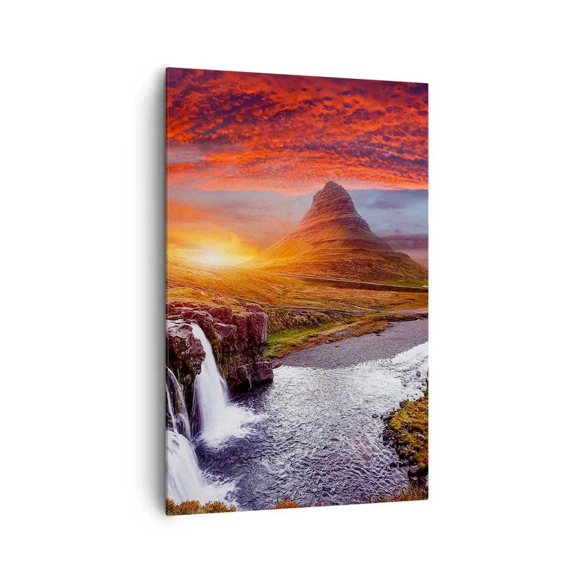 Cuadro sobre lienzo - Impresión de Imagen - Paisaje de montaña con cascada al atardecer. - 80x120cm - Una vista de la Tierra Media - Decoración de pared moderna para salón y dormitorio ARTTOR