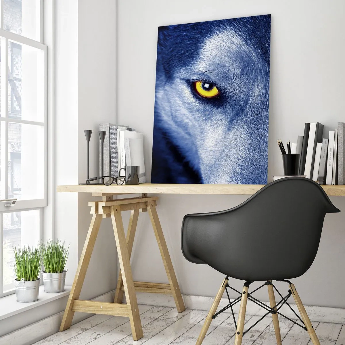 Cuadro sobre vidrio - Impresiones sobre Vidrio - La mirada hipnótica de un lobo - 50x70cm - La mirada hipnótica - Decoración de pared moderna para salón y dormitorio ARTTOR