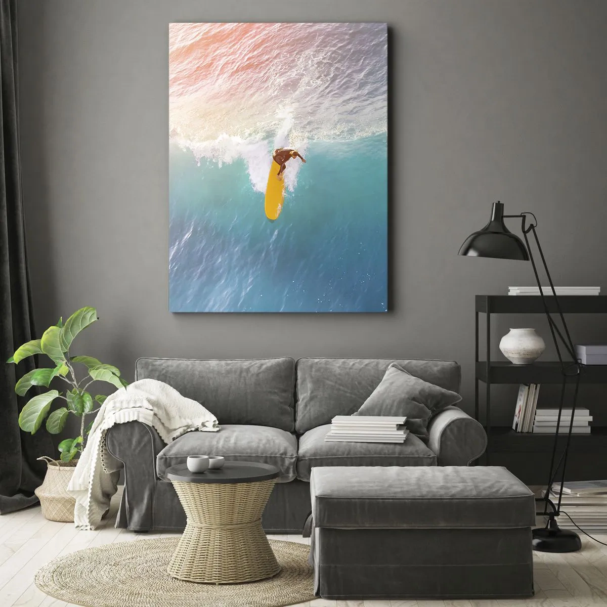 Cuadro sobre lienzo - Impresión de Imagen - Surfista en una ola en colores pastel - 50x70cm - Jinete del océano - Decoración de pared moderna para salón y dormitorio ARTTOR