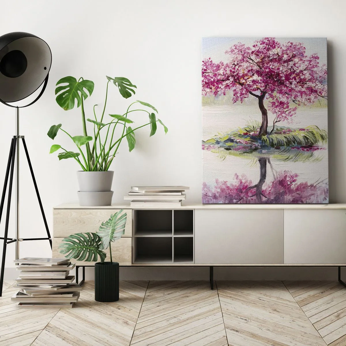 Cuadro sobre lienzo - Impresión de Imagen - Un árbol en flor en aguas tranquilas - 50x70cm - Una celebración de la primavera - Decoración de pared moderna para salón y dormitorio ARTTOR