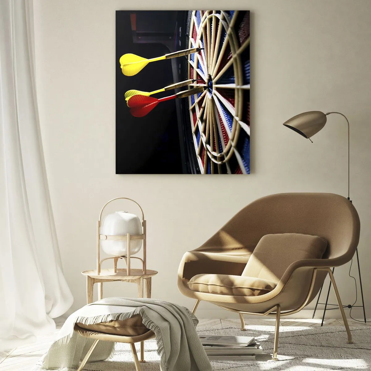 Cuadro sobre vidrio - Impresiones sobre Vidrio - Dardos que impactan en un objetivo en un entorno oscuro. - 50x70cm - En el blanco - Decoración de pared moderna para salón y dormitorio ARTTOR