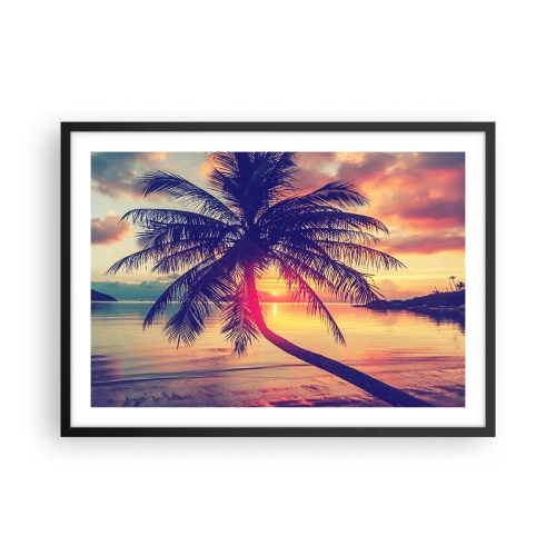Póster en marco negro - Puesta de sol con una palmera sobre una orilla tranquila - 70x50cm - Atardecer bajo las palmeras - Decoración de pared moderna para salón y dormitorio ARTTOR
