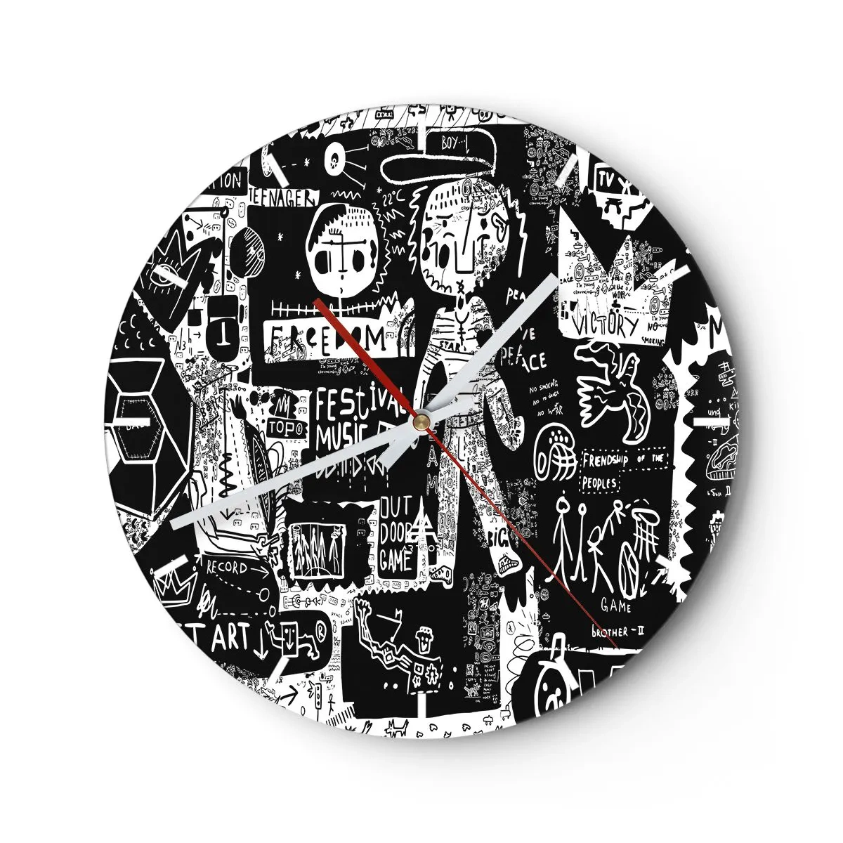 Reloj de pared - Reloj de vidrio - Una esfera de reloj con un dinámico motivo de garabatos artísticos en blanco y negro. - 30x30cm - La juventud espiritual de la ley y la alegría - Decoración de pared moderna para salón, cocina y dormitorio ARTTOR