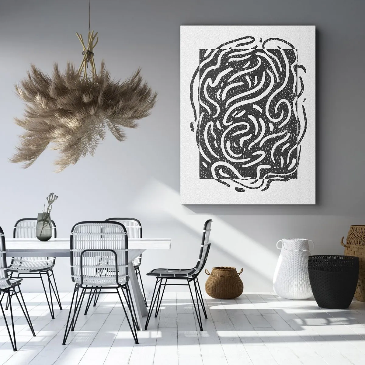Cuadro sobre lienzo - Impresión de Imagen - Abstracción en blanco y negro en estilo geométrico. - 50x70cm - Abstracción: una danza de alegría - Decoración de pared moderna para salón y dormitorio ARTTOR