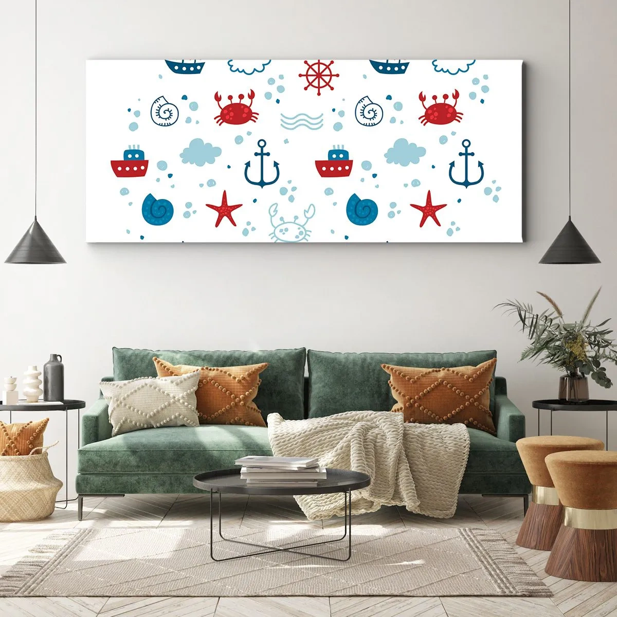 Cuadro sobre lienzo - Impresión de Imagen - Patrón náutico con anclas, barcos y cangrejos. - 160x50cm - Un cuento de mar - Decoración de pared moderna para salón y dormitorio ARTTOR
