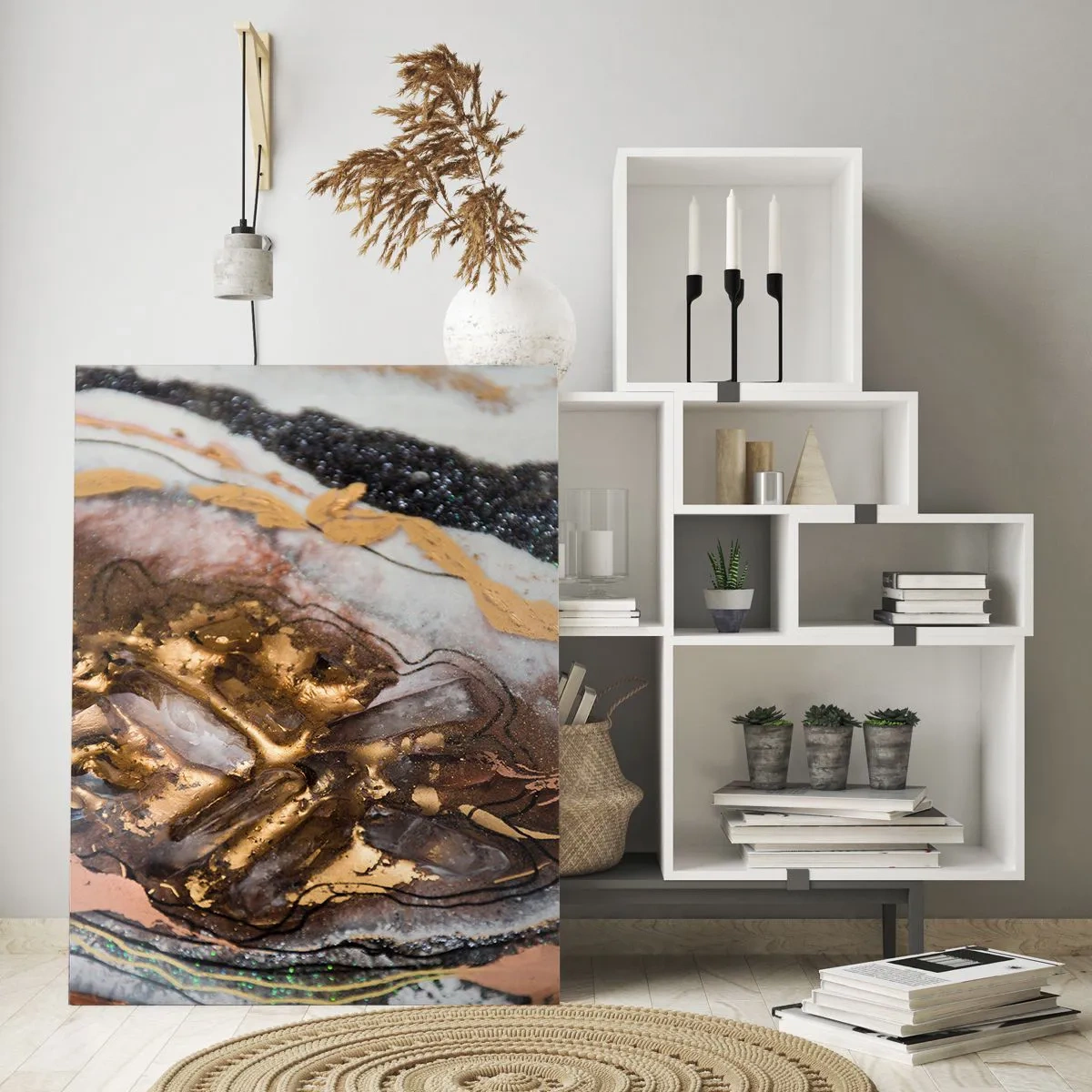 Cuadro sobre vidrio - Impresiones sobre Vidrio - Una pintura abstracta en tonos dorados, marrones y blancos con una textura mineral. - 50x70cm - Elemento de la tierra - Decoración de pared moderna para salón y dormitorio ARTTOR