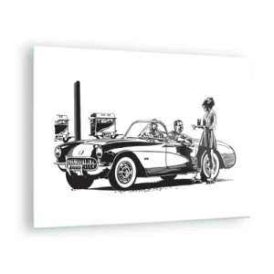 Cuadro sobre vidrio - Impresiones sobre Vidrio - Gráficos creativos con un coche clásico y personajes. - 70x50cm - Años 60 - la América despreocupada - Decoración de pared moderna para salón y dormitorio ARTTOR