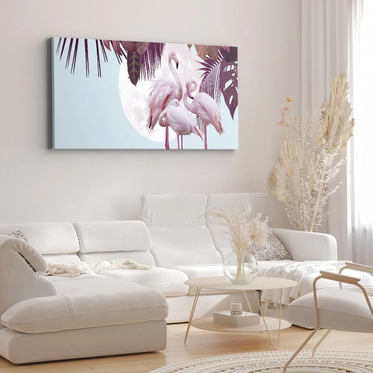 Cuadro sobre lienzo - Impresión de Imagen - Flamencos rosados con la luna y las hojas tropicales como telón de fondo. - 160x50cm - La grandeza de las aves - Decoración de pared moderna para salón y dormitorio ARTTOR