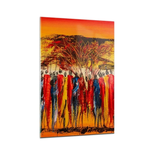 Cuadro sobre vidrio - Impresiones sobre Vidrio - Una escena colorida con figuras africanas con el sol poniente como telón de fondo. - 70x100cm - Allí, allí, allí van - Decoración de pared moderna para salón y dormitorio ARTTOR