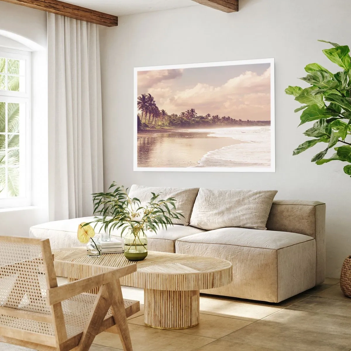 Póster - Una playa con palmeras y olas suaves por la mañana. - 100x70cm - La caricia de las olas - Decoración de pared moderna para salón y dormitorio ARTTOR