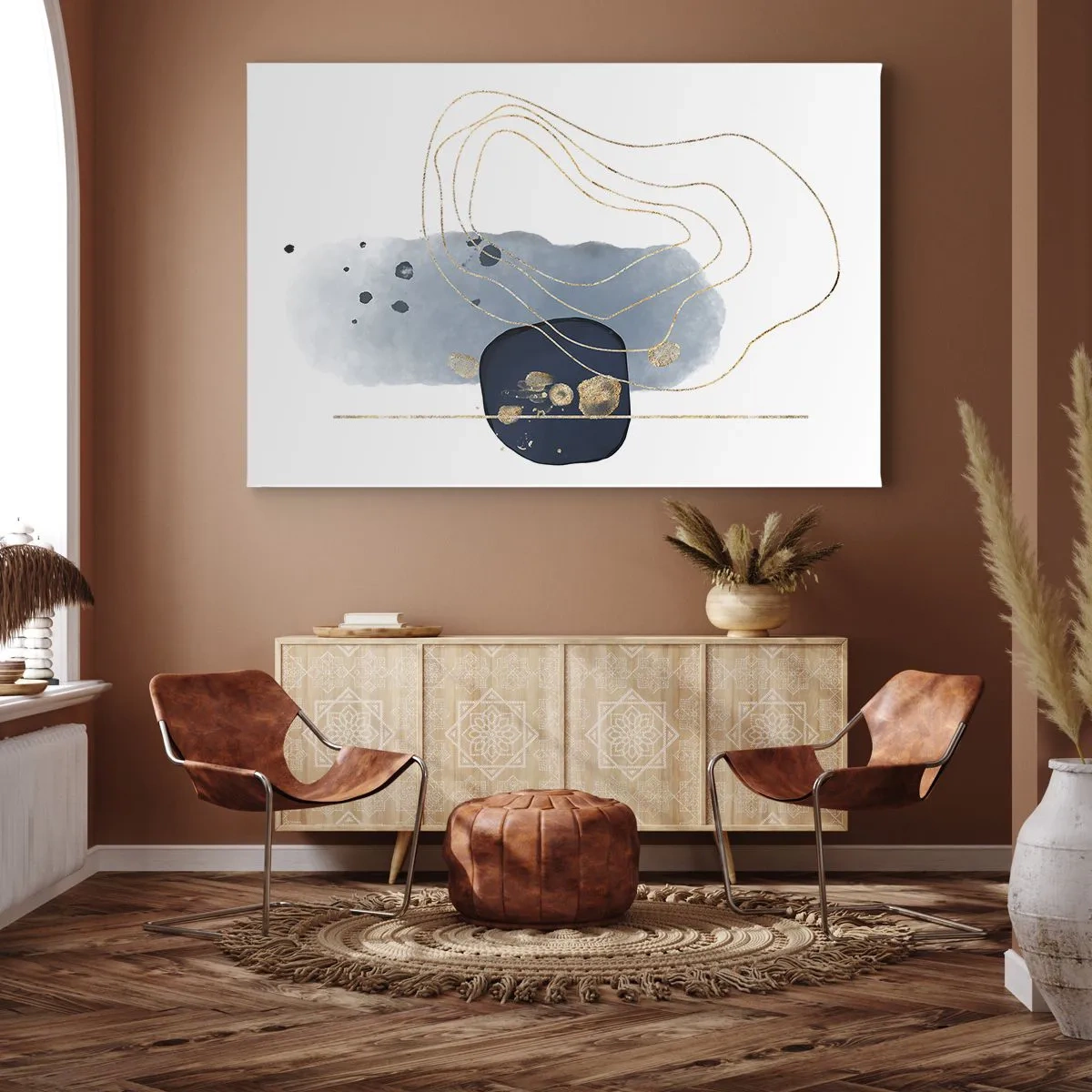 Cuadro sobre lienzo - Impresión de Imagen - Abstracción en tonos azules y dorados. - 70x50cm - Fantasía azul y oro - Decoración de pared moderna para salón y dormitorio ARTTOR