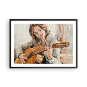 Póster en marco negro - Retrato de una niña tocando la guitarra en estilo pictórico con colores cálidos. - 70x50cm - Concierto de guitarra y corazón joven - Decoración de pared moderna para salón y dormitorio ARTTOR