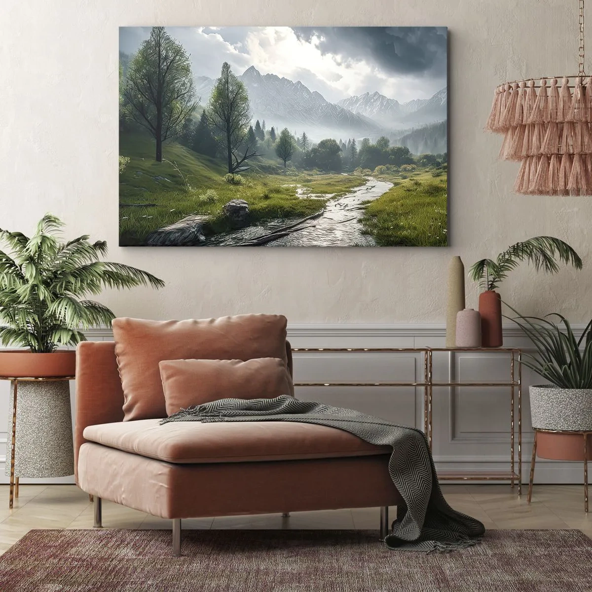 Cuadro sobre lienzo - Impresión de Imagen - Un paisaje montañoso con un río y árboles rodeados de montañas brumosas. - 70x50cm - De ida y vuelta - Decoración de pared moderna para salón y dormitorio ARTTOR