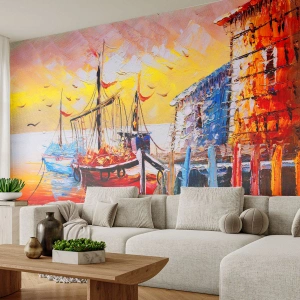 Fotomural Autadhesivo Deluxe Sticker - Feliz regreso - Paisaje, Puerto de pescadores, Barcos - 350x256 cm