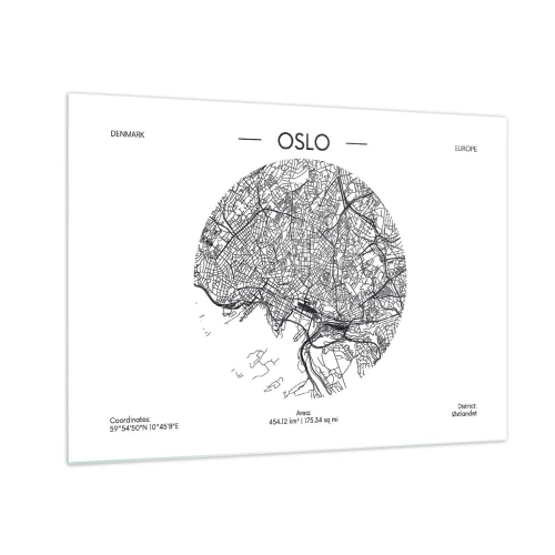 Cuadro sobre vidrio - Impresiones sobre Vidrio - Mapa de la ciudad de Oslo en estilo gráfico en blanco y negro - 70x50cm - Anatomía de Oslo - Decoración de pared moderna para salón y dormitorio ARTTOR