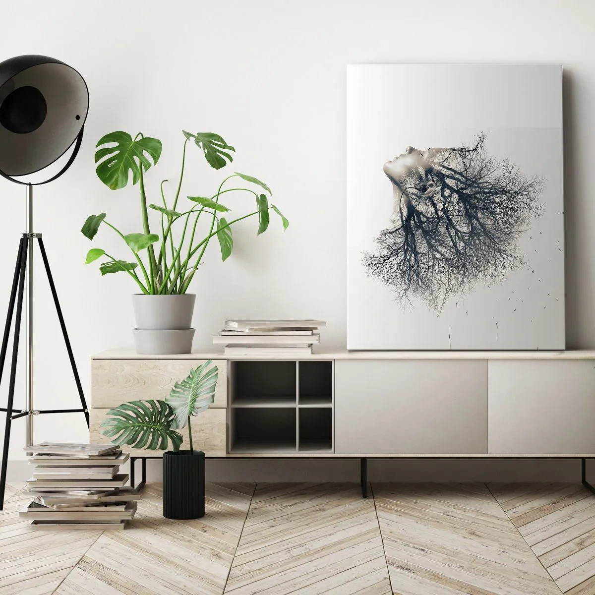 Cuadro sobre lienzo - Impresión de Imagen - Silueta creativa de una mujer y árboles. - 50x70cm - Escuchando el susurro de un árbol - Decoración de pared moderna para salón y dormitorio ARTTOR