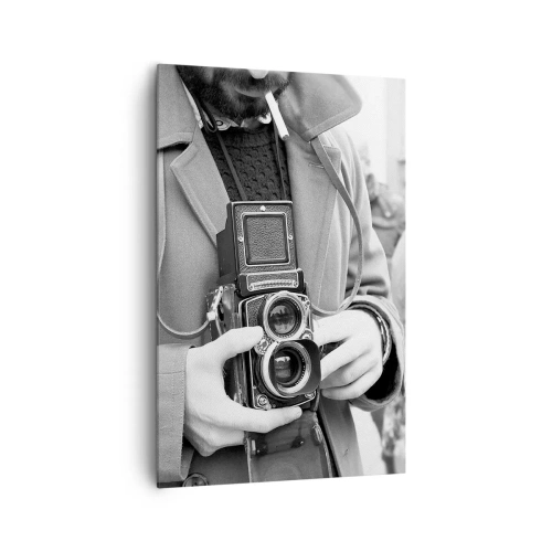 Cuadro sobre lienzo - Impresión de Imagen - Fotografía en blanco y negro de un hombre con una cámara retro. - 80x120cm - En estilo retro - Decoración de pared moderna para salón y dormitorio ARTTOR