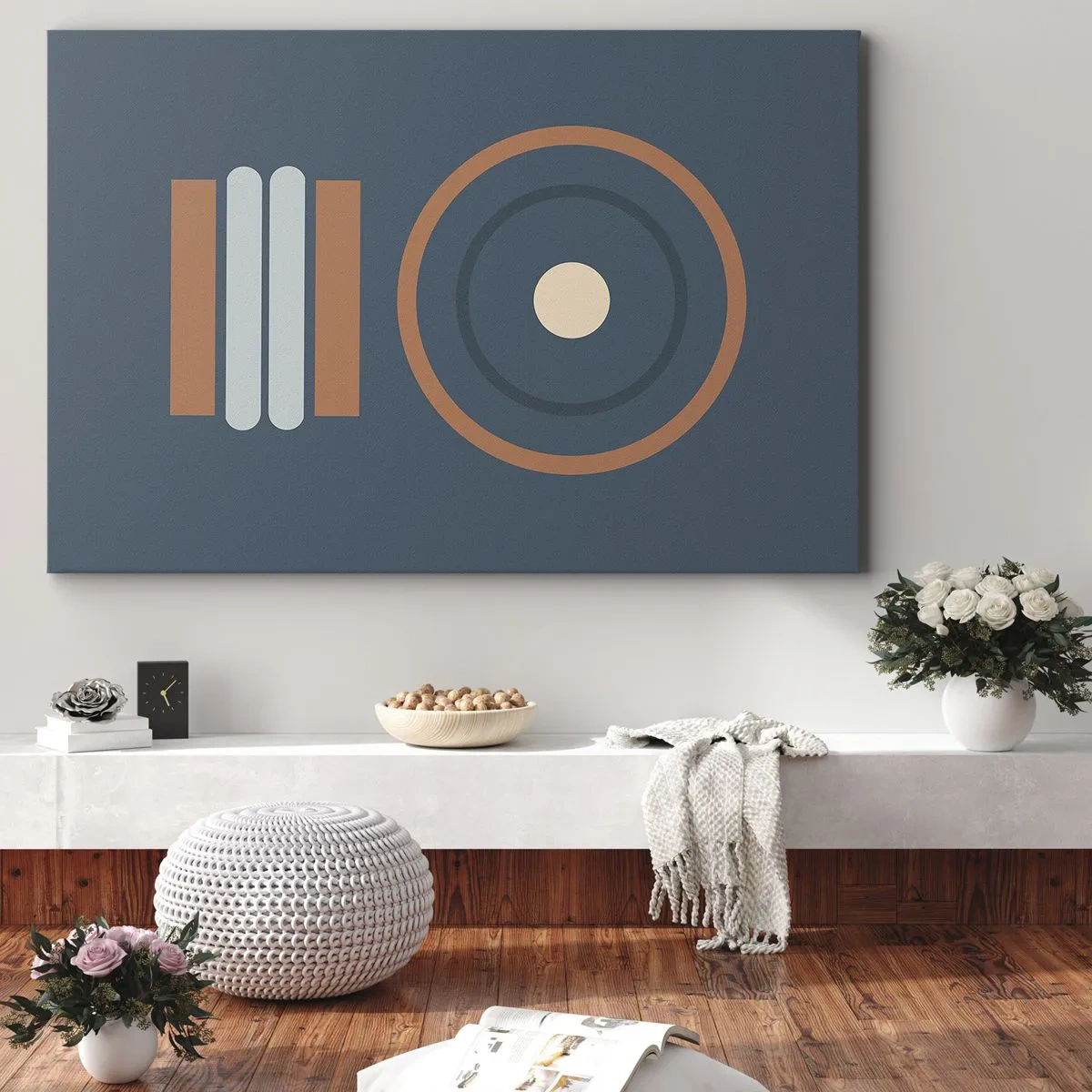 Cuadro sobre lienzo - Impresión de Imagen - Una composición geométrica con círculos y rectángulos en colores tenues. - 70x50cm - La esencia de las cosas - Decoración de pared moderna para salón y dormitorio ARTTOR