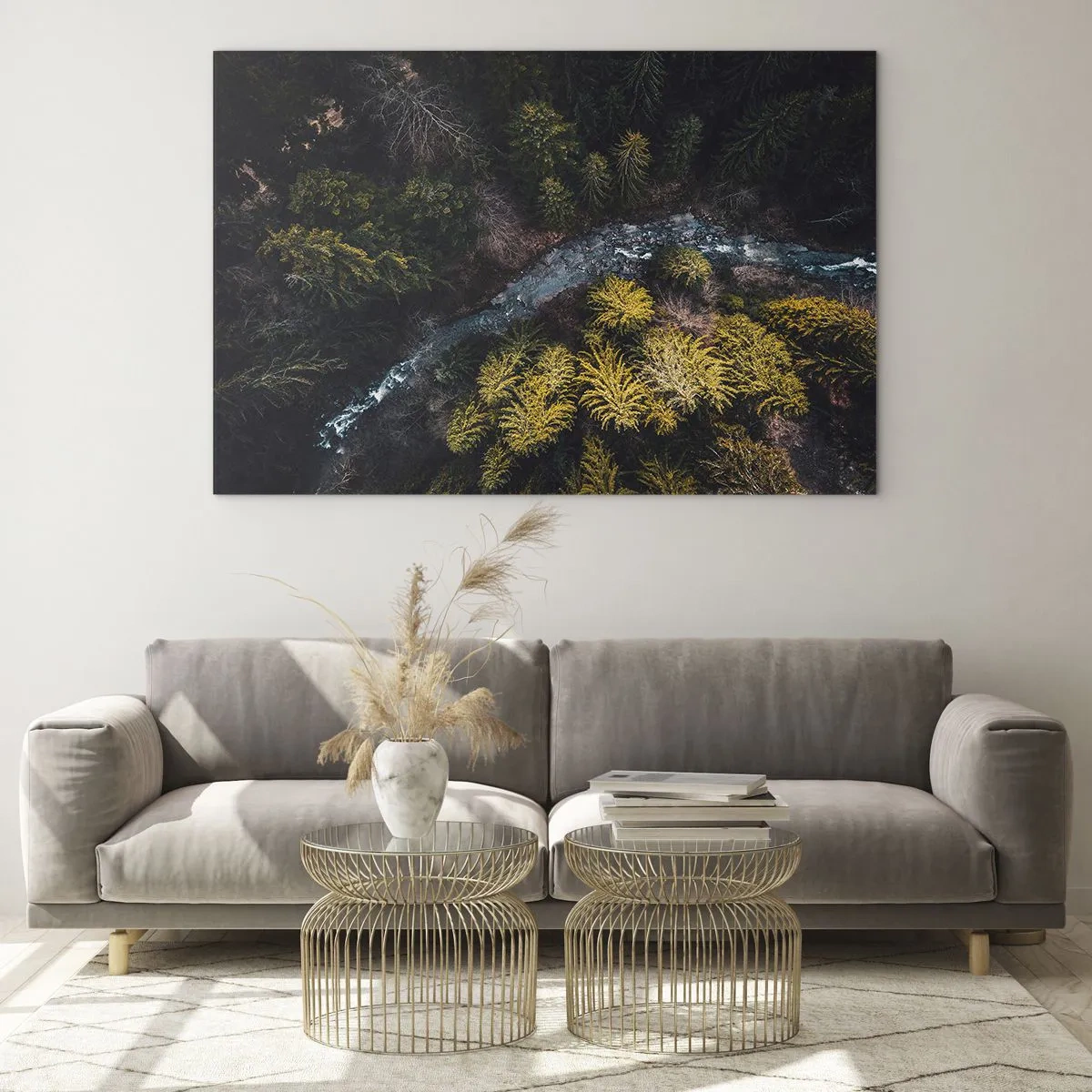 Cuadro sobre vidrio - Impresiones sobre Vidrio - Una vista de pájaro de un paisaje forestal con un arroyo sinuoso. - 120x80cm - Rápido, cada vez más rápido - Decoración de pared moderna para salón y dormitorio ARTTOR