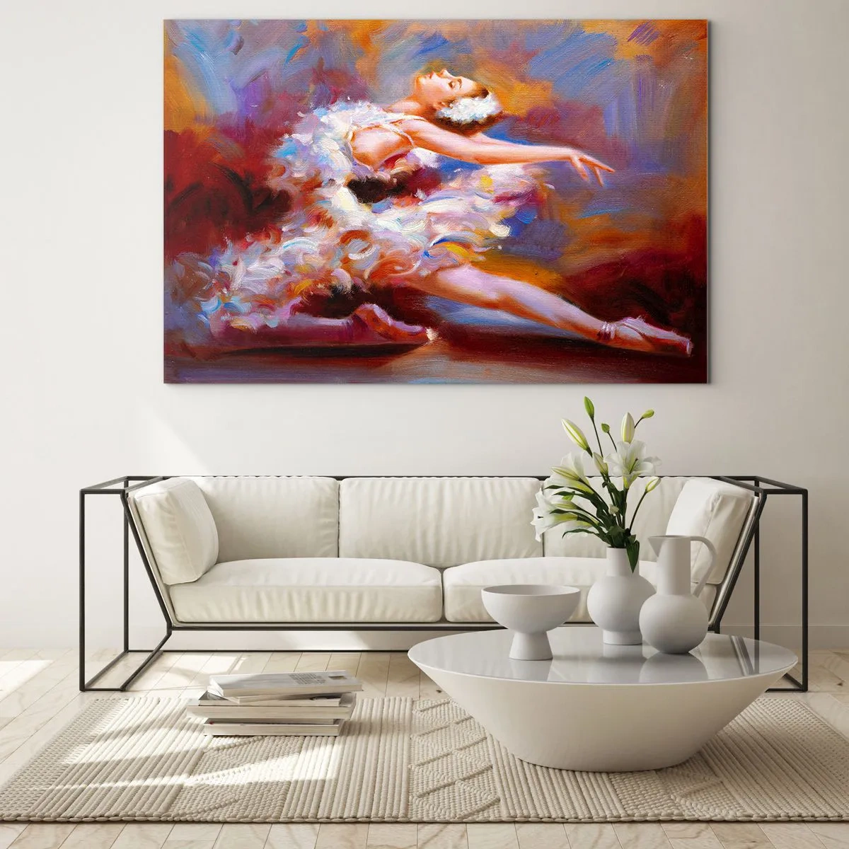 Cuadro sobre vidrio - Impresiones sobre Vidrio - Una bailarina en una pose dinámica sobre un fondo de colores abstractos. - 70x50cm - El lago de los cisnes - Decoración de pared moderna para salón y dormitorio ARTTOR