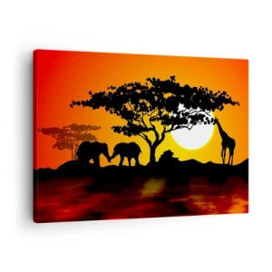 Cuadro sobre lienzo - Impresión de Imagen - Atardecer africano con siluetas de elefantes y jirafas sobre el agua - 70x50cm - Reunión en la sabana - Decoración de pared moderna para salón y dormitorio ARTTOR