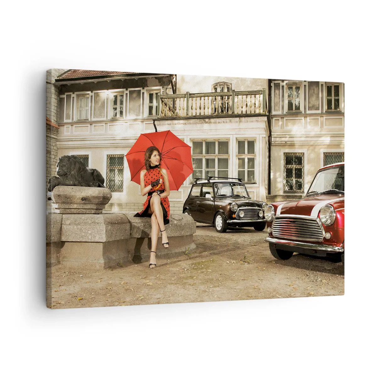 Cuadro sobre lienzo - Impresión de Imagen - Mujer con un paraguas rojo junto a coches clásicos - 70x50cm - Un mini viaje sentimental - Decoración de pared moderna para salón y dormitorio ARTTOR